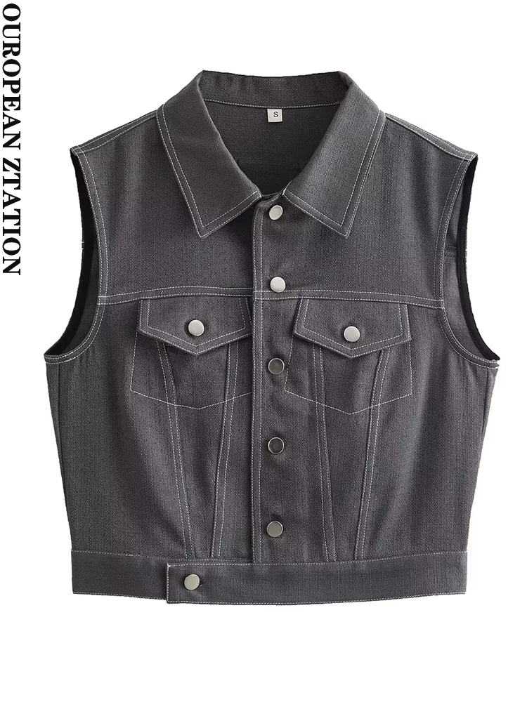 Женский джинсовый жилет PAILETE, винтажный укороченный жилет с вышивкой, без рукавов, с накладными карманами, 2023