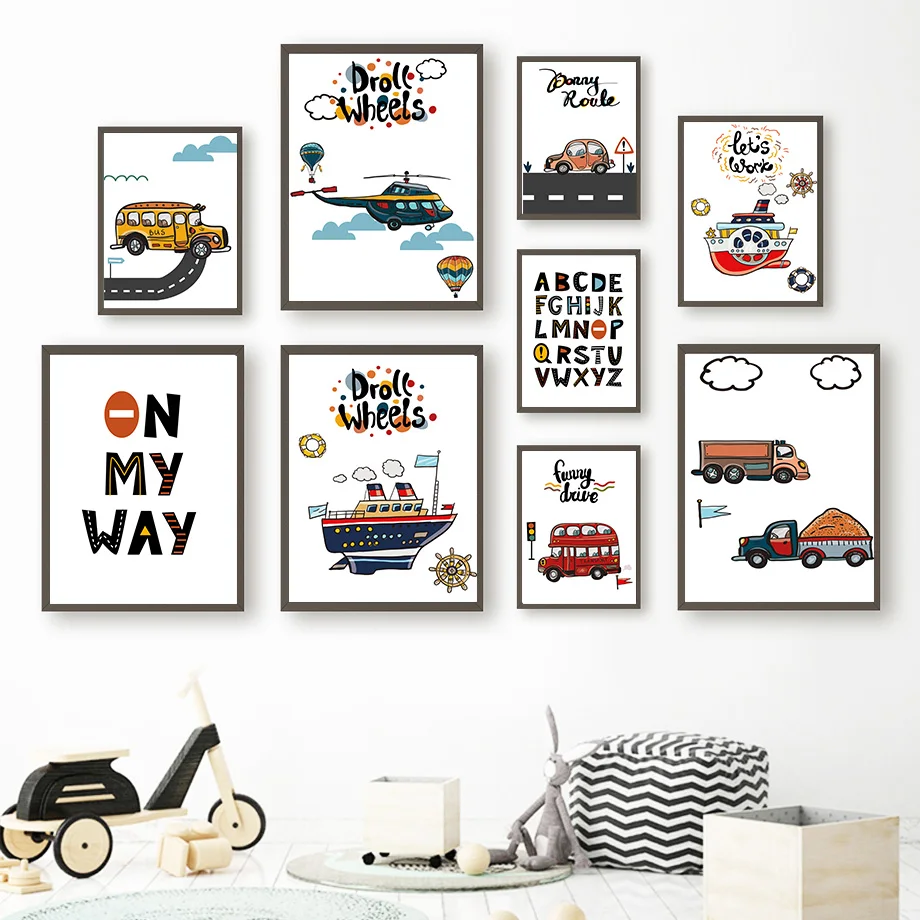 Cartoon Alphabet Road Car Bus Ship Helicopter Nursery Poster Nordic Wall Art Print Canvas Painting Pictures Baby Boy Room Decor