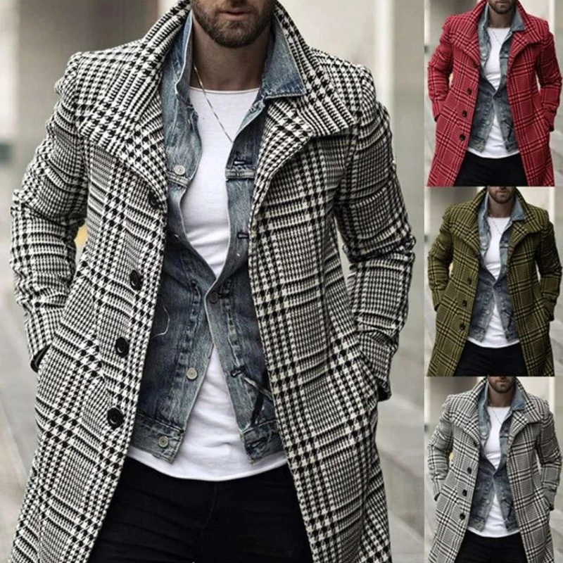 Checkered Lapel Wind Coat Men Loose Comfortable Retro Fashionable Versatile Single Breasted Autumn Winter New Mid Length Jacket