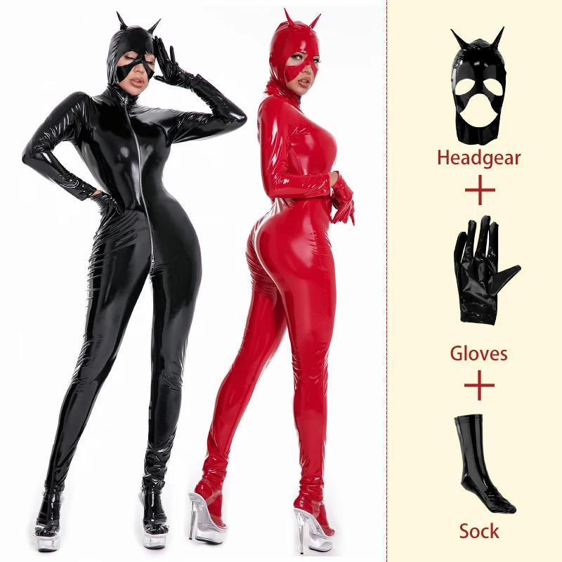 

AIIOU Women Sexy Crotchless Wetlook Faux PU Leather Bodysuit Double Zipper Open Crotch Jumpsuits Mistress Erotic Catsuit Costume