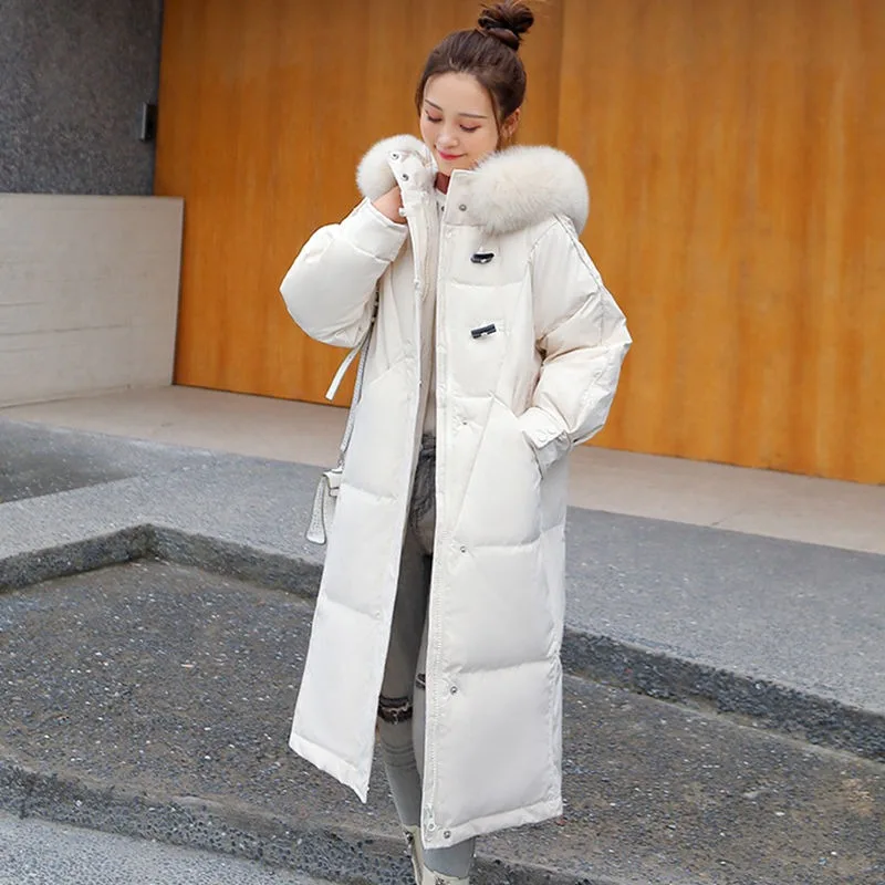 

2023 New Women Down Cotton Coat Winter Jacket Mid Length Version Parkas Loose Large Size Outwear Hooded Fur Collar Overcoat