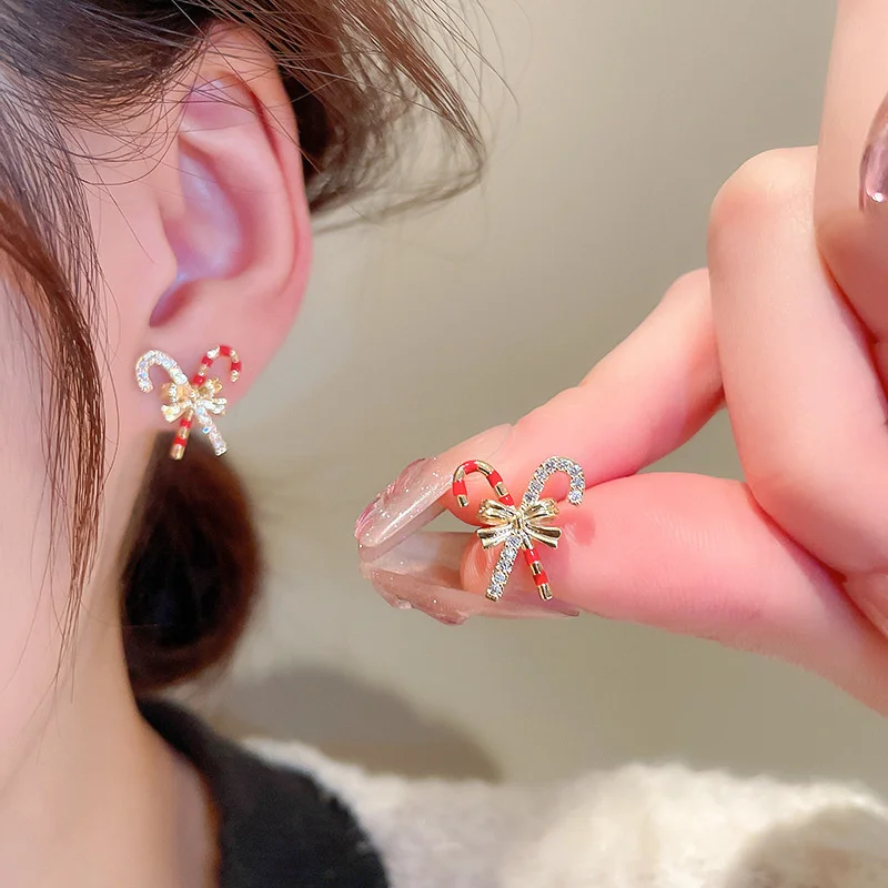 Einzigartige glänzende Strass-Ohrringe mit bunten Süßigkeiten-Streifen für Frauen, süße Schleife, Herz-Ohrringe, 2026, Weihnachtsfeier, Geschenk, Schmuck – Detail 2