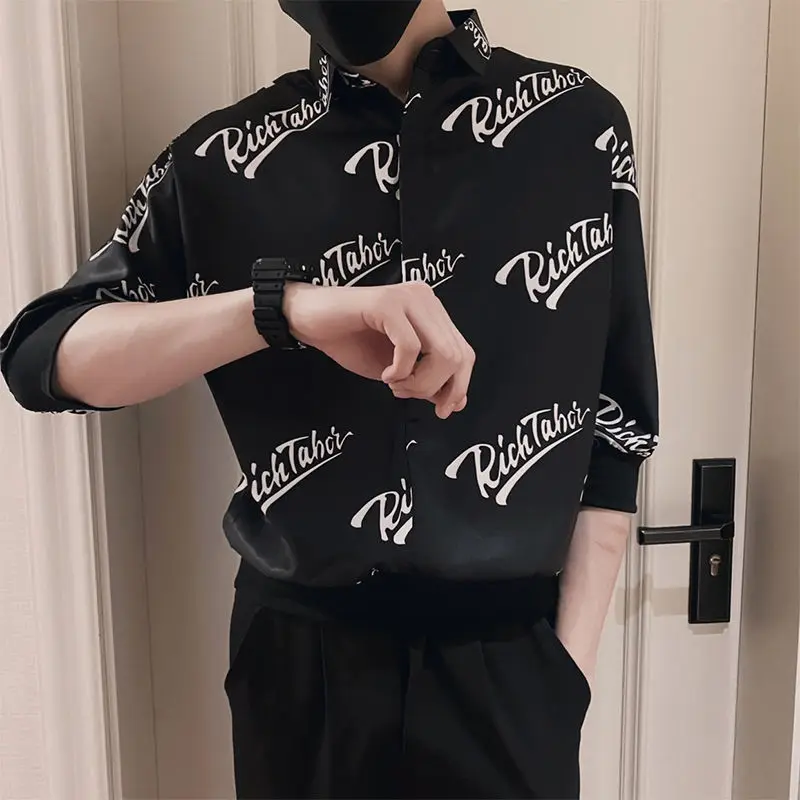 Casual Fashion Printing Letter Man Shirt New Five-point Sleeve High Quality Point Collar Street Wear Trend All-match Top 2022