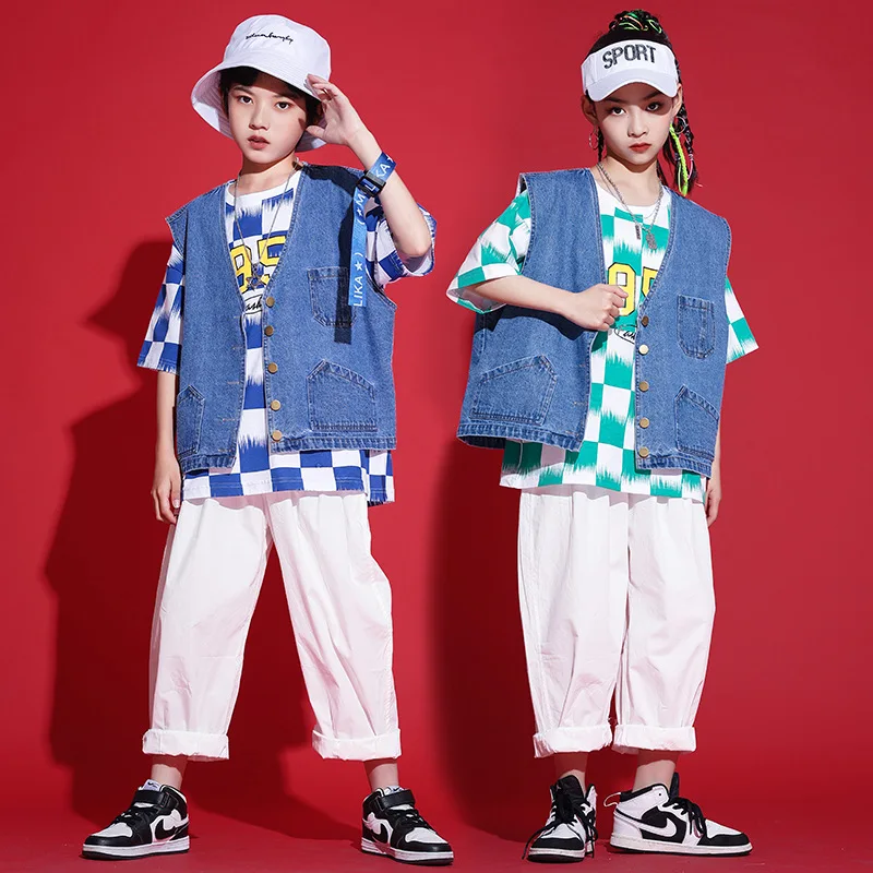 

Hip hop Kids Clothes Denim Vest White Pants Boys Street Dance Outfit Jazz Performance Costume Girls Hip Hop Dance Clothes BL9718