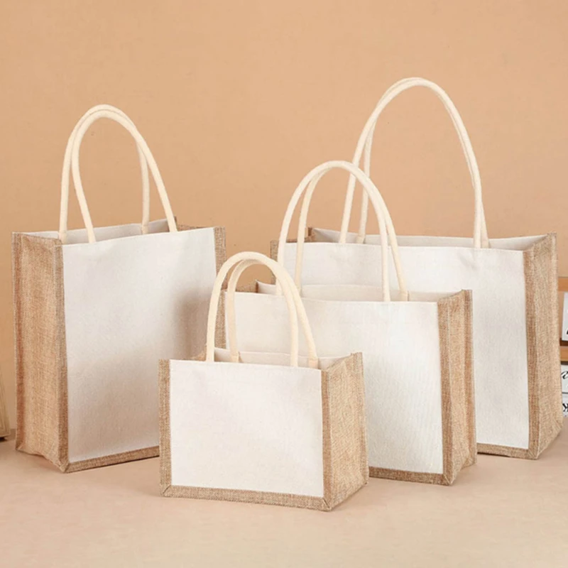 

Reusable Jute Shopping Bag Large Capacity Handbags For Women Burlap Grocery Bag Eco Bag Female Tote Bag Cloth Shopper Bag Purse