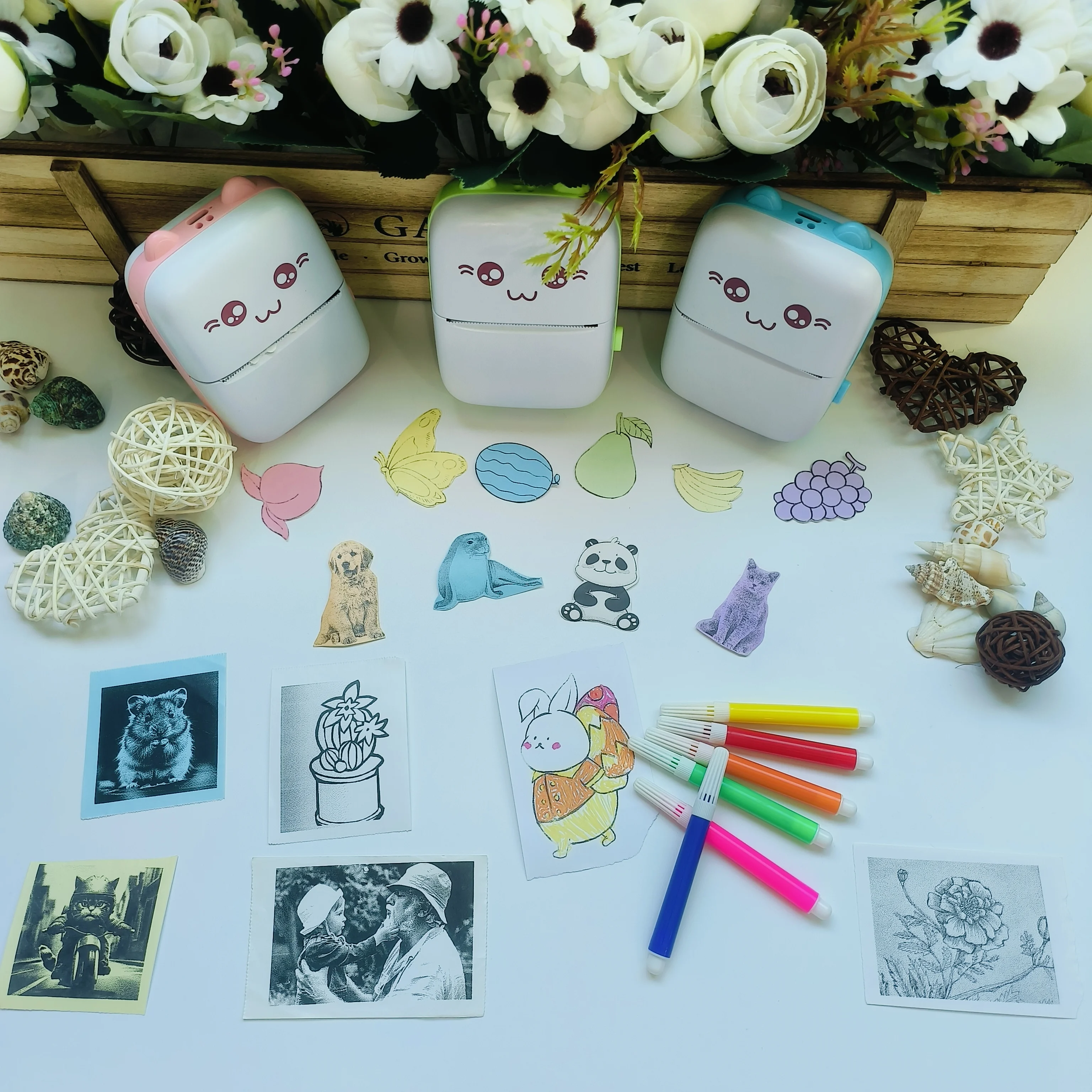 휴대용 포켓 미니 프린터 (스티커 롤 5개, 6색 용지, 5개 감열지, 1개 라벨 용지 포함), 모바일 연결 잉크리스 W