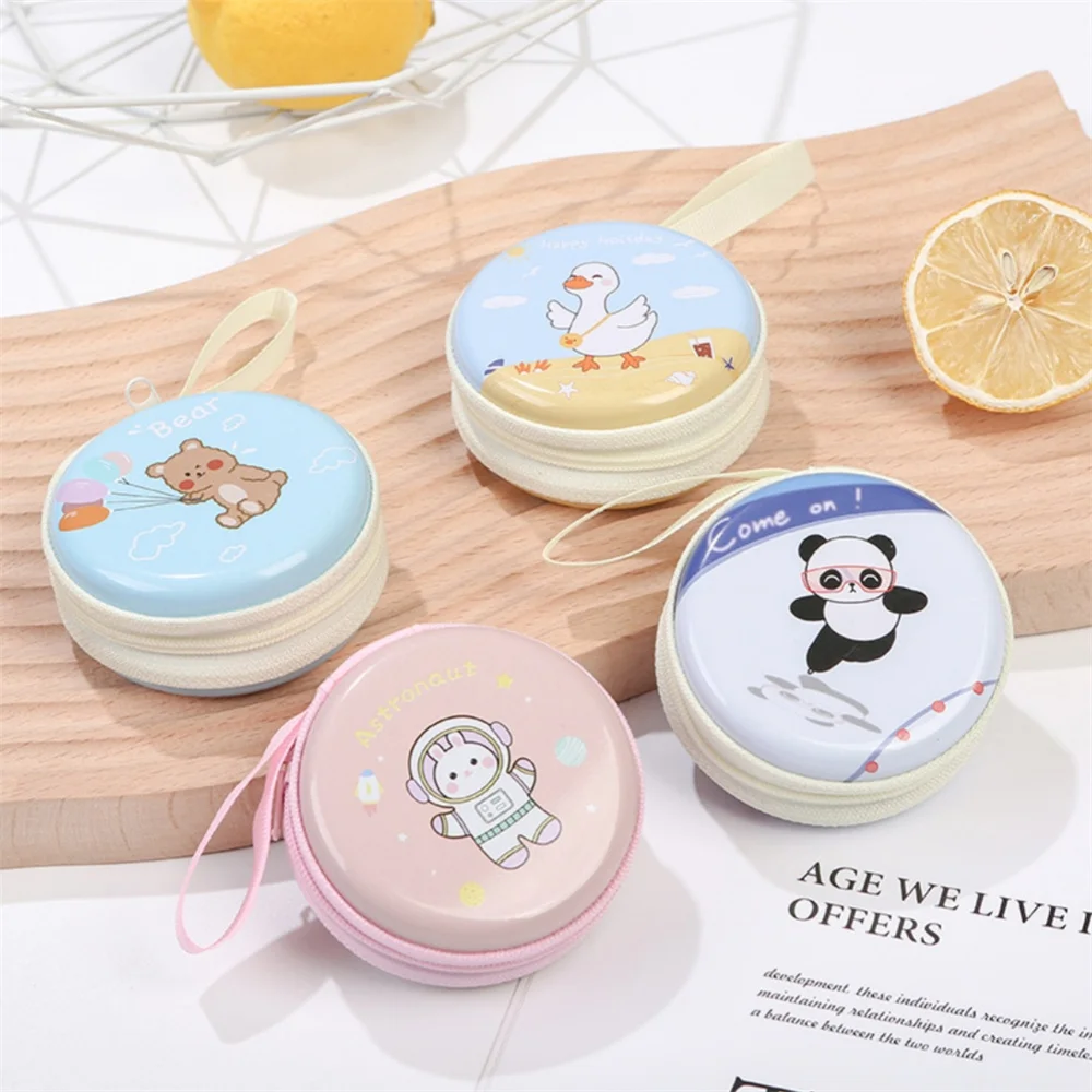 Round Cartoon Tinplate Box Coin Purse Mini Wallet Change Bag Portable Headphone Bag Handheld Double Zipper Key Bags