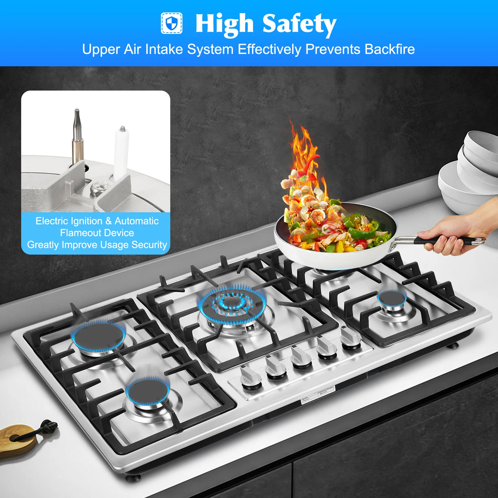 Built-in Gas Cooktop with 5 Burners Electronic Pulse Ignition Built-in Stainless Steel Gas Hob for Kitchen 3 Built-in Gas Cooktop with 5 Burners Electronic Pulse Ignition Built-in Stainless Steel Gas Hob for Kitchen 3