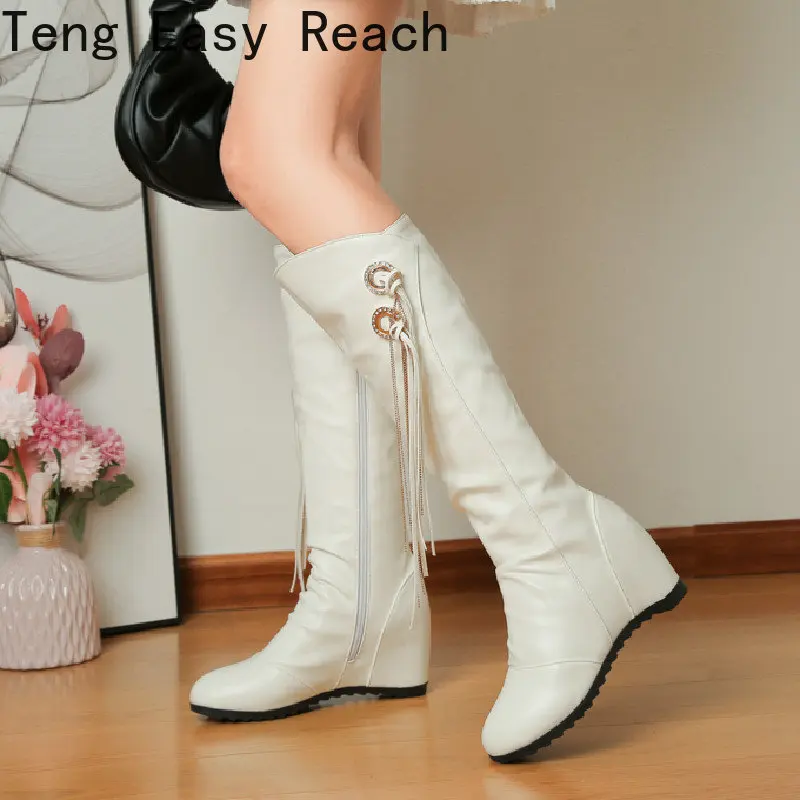 

Woman White Wedge Knee High Boots Fashion Black Zipper Round Head High Boot Autumn Winter Party Shoes Ladies Large Size 33-44