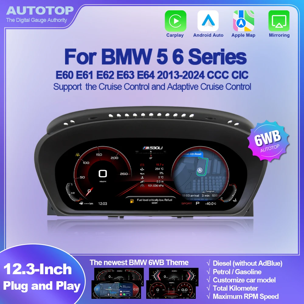 AUTOTOP Panel de Instrumentos Digital Virtual de 12.3" 6WB para BMW Serie 5 y 6 E60 E61 E63 E64 2004-2010, Actualización del Velocímetro del Tablero, CarPlay Inalámbrico, Android Auto, AirPlay, Navegación GPS, Bluetooth, Mapas en Línea, Música, Llamadas, Retrofit 1