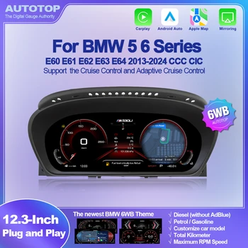 AUTOTOP Panel de Instrumentos Digital Virtual de 12.3" 6WB para BMW Serie 5 y 6 E60 E61 E63 E64 2004-2010, Actualización del Velocímetro del Tablero, CarPlay Inalámbrico, Android Auto, AirPlay, Navegación GPS, Bluetooth, Mapas en Línea, Música, Llamadas, Retrofit 1
