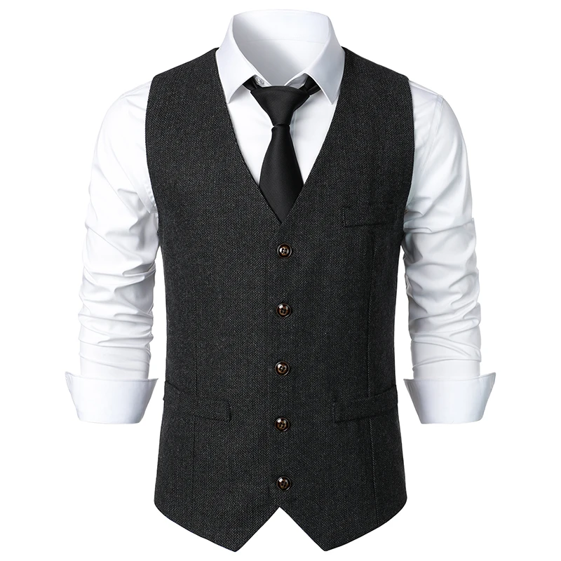 Mens Vest Slim Fit Sleeveless Wool Tweed Waistcoat Men Double Breasted Herringbone Tweed Vest Men Business Casual Gilet XXL dress vests