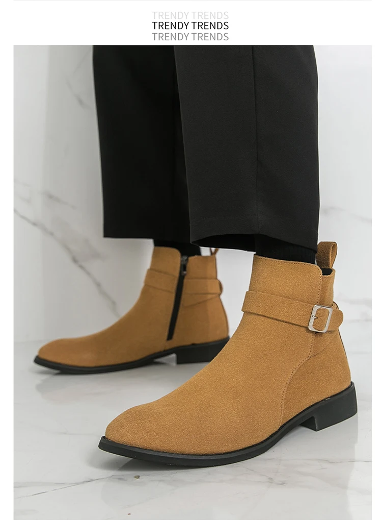 Herren-Chelsea-Stiefel aus Wildleder, hohe Lederschuhe mit Reißverschluss, modische, bequeme, rutschfeste Stiefeletten für Freizeitgeschäfte – Detail 12