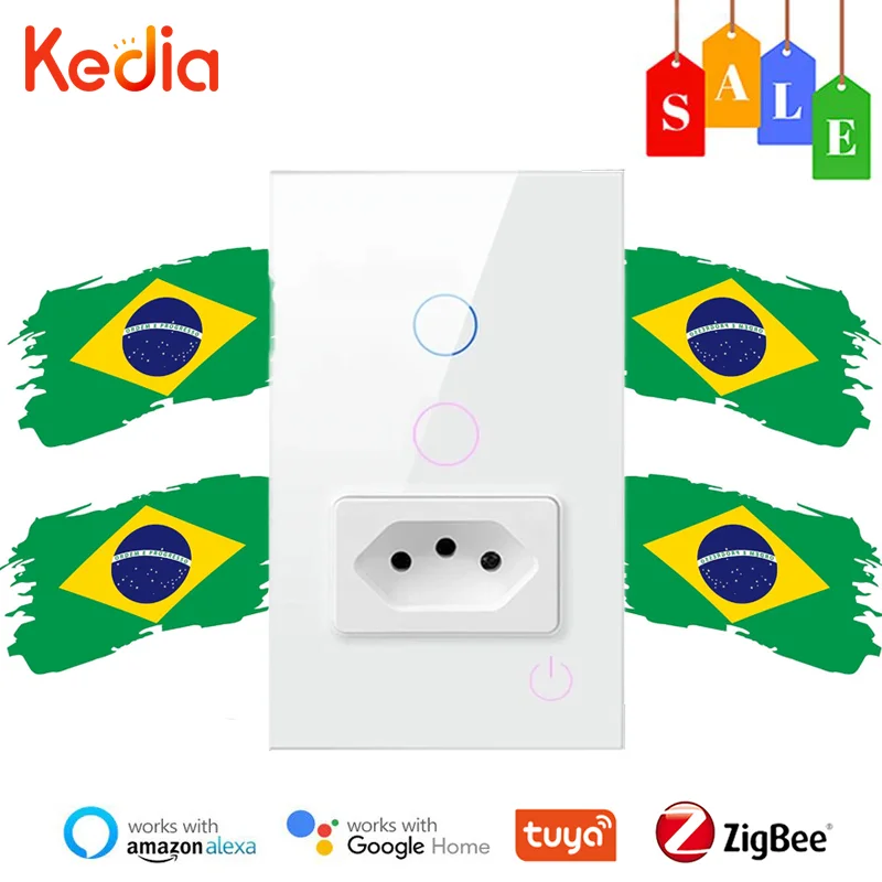 

Brazil Tuya ZigBee Smart Switch Need Neutral Wire16A Socket 1/2 Gang Glass Panel Light Switch Smart Home Work With Alexa Google