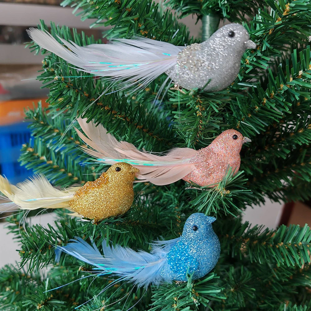 Ornament Crafts Miniature Figurines Feather Bird Figurines Fake Feather Birds Colorful Garden Tree Decor Foam Perched Woodland Birds Outdoor Art Decor Adornment Small Figurines
