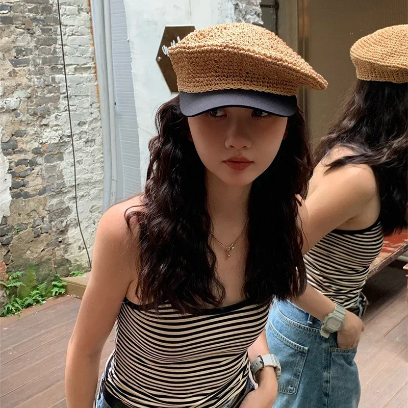여성용 빨대 직조 베레모 모자, 야외 해변 빨대 모자, 조절 가능한 접합 모자, 우아한 프렌치 베레모, 여름 휴가