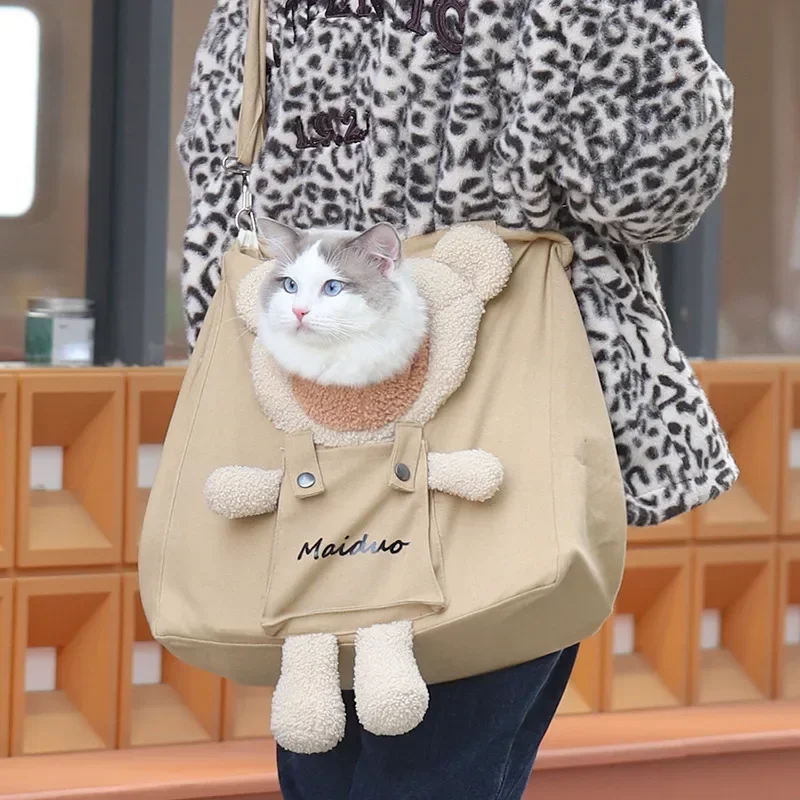 Pet Backpack Shoulder Bag Cute Teddy Bear Canvas Outdoor Cat Bag with Exposed Cat Portable Small Dog