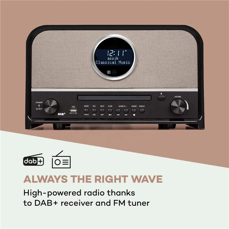 CD 플레이어 포함 리얼 우드 고광택 라디오, DAB + FM 라디오, 알람 시계, 2 개의 라우드 스피커