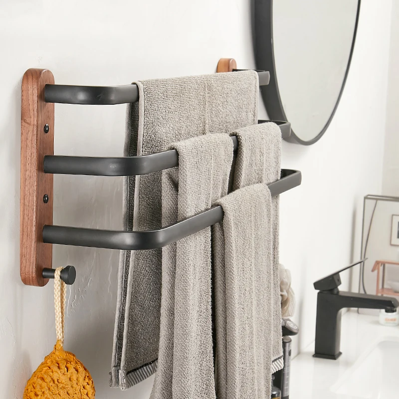 Towel Rack Towel Holder Solid Wood Bath Double Three Layer Ladder Wall Mounted Black Bathroom Towels Shelves