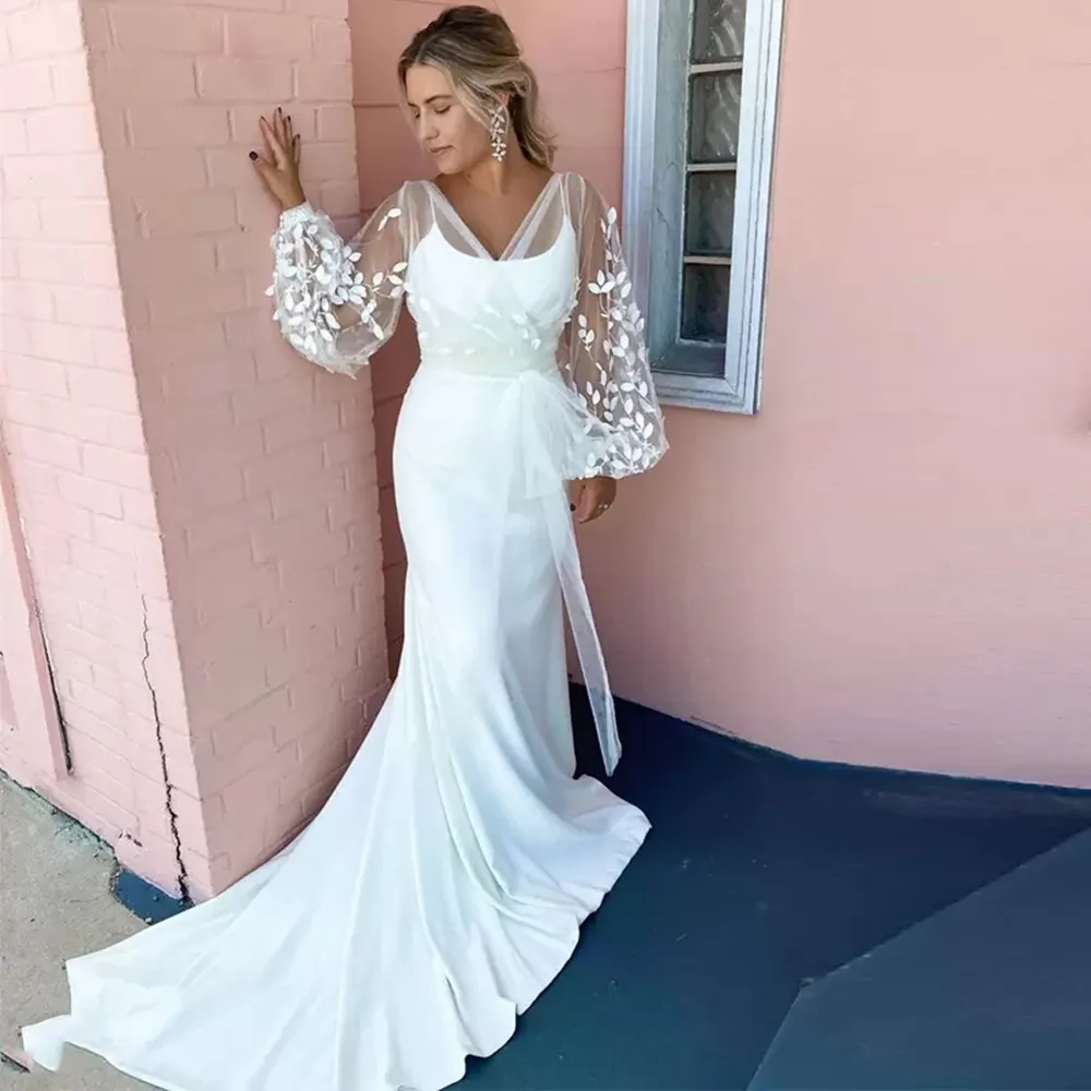 

White Tulle Lace Wedding Dress Long Sleeve V Neck Mermaid Garden Lawn Chapel Appliques Country Bridal Dress vestido de noiva2023