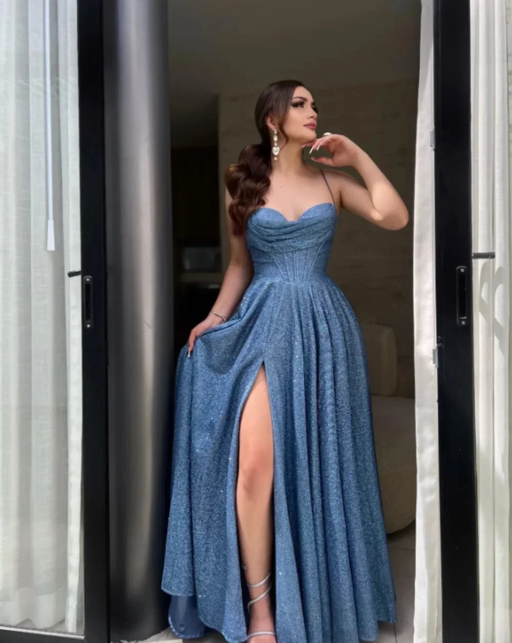 Elegant Long A-line Sweetheart Glitter Prom Dresses Slit Spaghetti Straps Floor Length Robes De Soir&eacute;e Formal Party Gowns