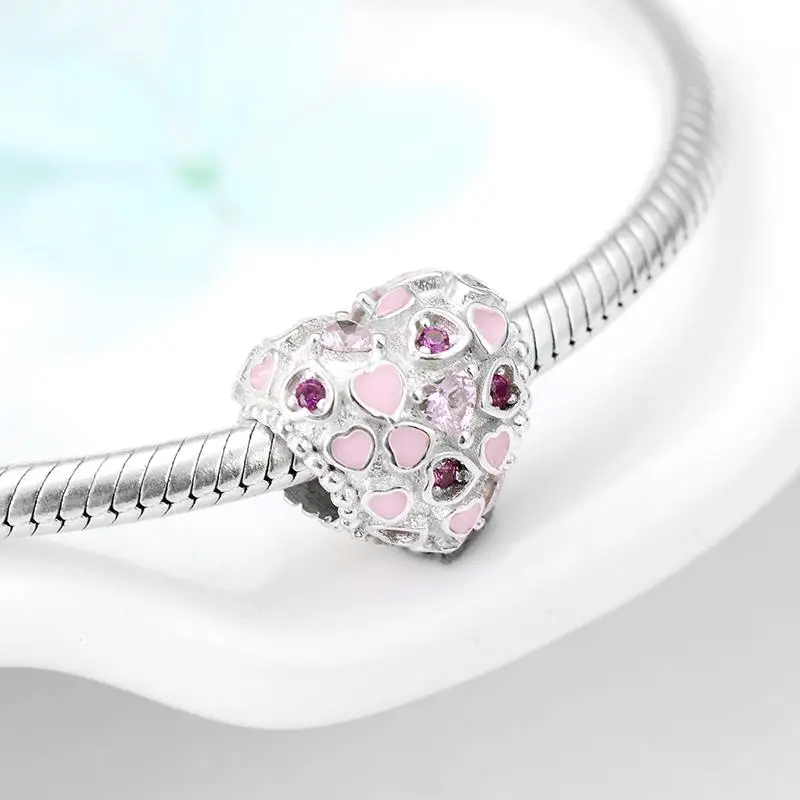 Charming Pink CZ Heart Authentic 925 Sterling Silver Bead DIY Jewelry Making Fit Original LYNACCS Charms Bracelet Women 2