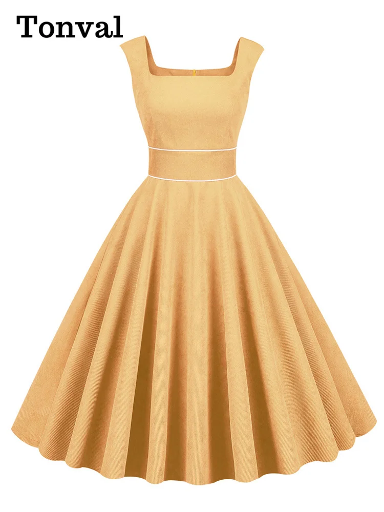

Tonval Square Neck Yellow Corduroy Women High Waist Vintage 50s Tank Dress Sleeveless Elegant Pocket Summer Ladies Midi Dresses