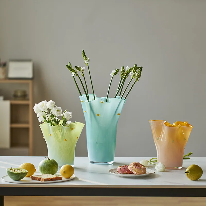 Glass Vase Hand Wavy Edge Pleated Gradient Color Hydroponic Glass Bottle Flower Vase Terrarium Home Decoration Accessories 2