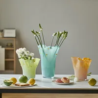 Glass Vase Hand Wavy Edge Pleated Gradient Color Hydroponic Glass Bottle Flower Vase Terrarium Home Decoration Accessories 2
