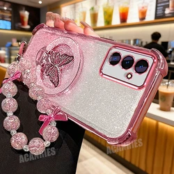 Enhanced Star Lanyard Plating Butterfly Holder Shockproof Silicone Stand Cover Case - Galaxy A36 5G (HDXXSL Pink)