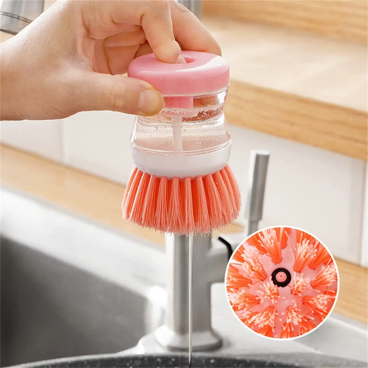 Dish Brush with Soap Dispenser, Kitchen Dish Scrubber Brush with