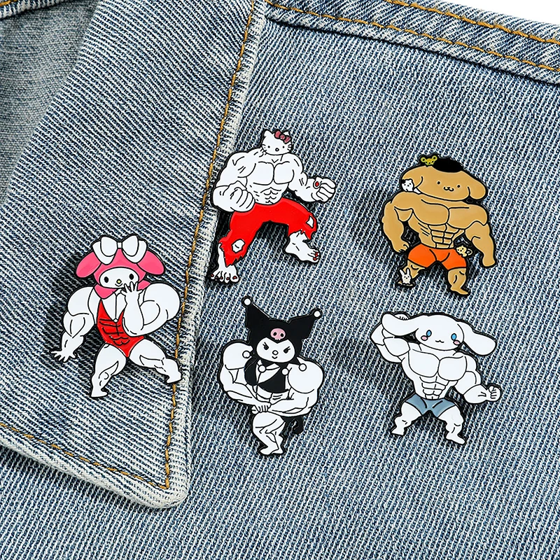 

Kawaii Funny Sanrio Muscle Anime Figure Brooches Hello Kitty Enamel Lapel Pins Cartoon Kuromi My Melody Backpack Badges Toy Gift