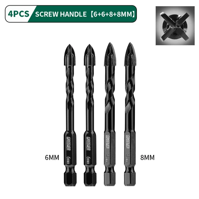 GREENER 3-12mm Four-blade Concrete Impact Glass Drill Cross Hex Tile Drilling Bit Special For Hexagonal Shank Hard Alloy Tri 6-8mm 4pcs