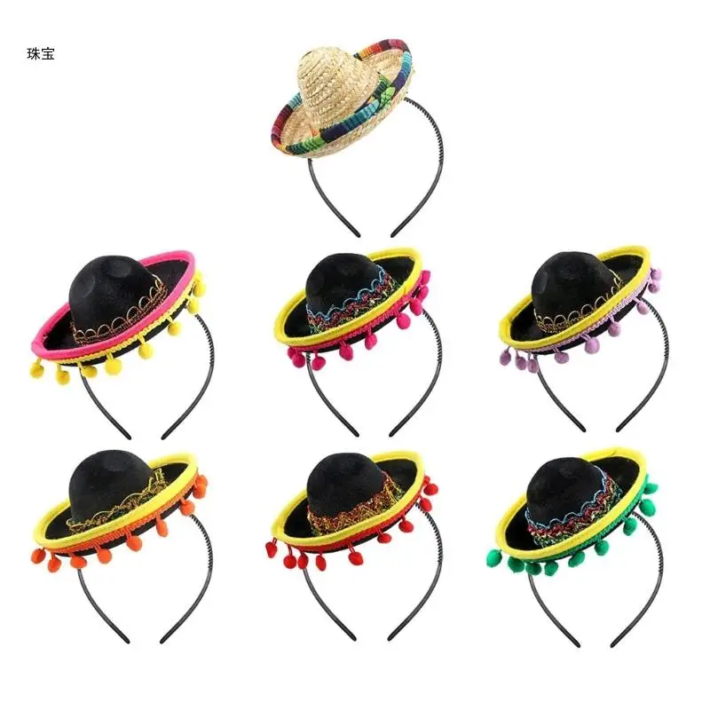 

X5QE DiaDeMuertos Hat Hairband Carnival Theme Party Props Mini Sombrero Headpiece