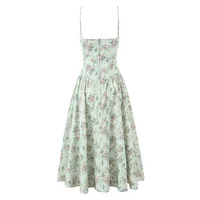2025 Romantic Green Floral Bra with Wire Corset Style Sling Dress Women Low Waist Ruched Pleated Swing Midi Long Dresses Robe - Image 3