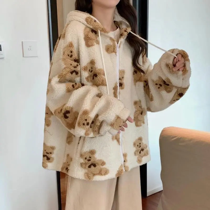 Harajuku Bear Teddy Print Plush Jacket Women Winter 2022 Female Korean Fluffy Hooded Coat Thick Warm Couple Streetwear Outerwear