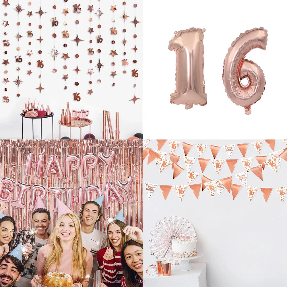 Rose Gold Glitter Sweet 16 Banner - Happy 16th Birthday Bunting Decorations With Pre-Cut Letters - View #3