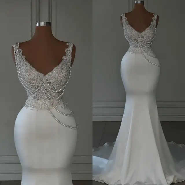 Mermaid V Neck Satin Plus Size Rrobe de Mariee Luxe 202 3 Sweep Train Appliques Pearls Vintage Wedding Dresses