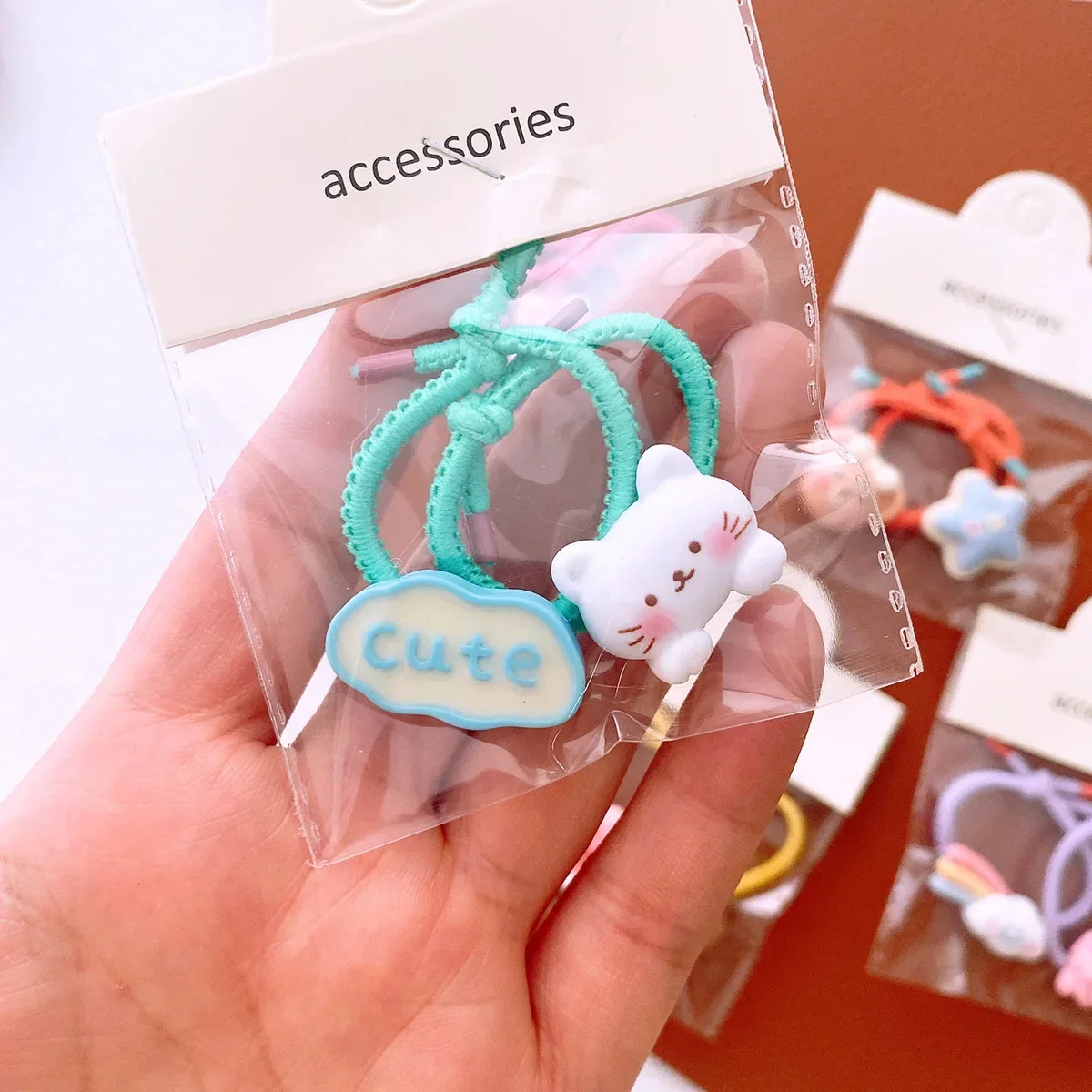 New 2pcs Korean Kawaii Elastic Hair Bands Sweet Cute Cartoon Hairs Rope Ties for Girls Headwear Girls Kids Hair Accessories