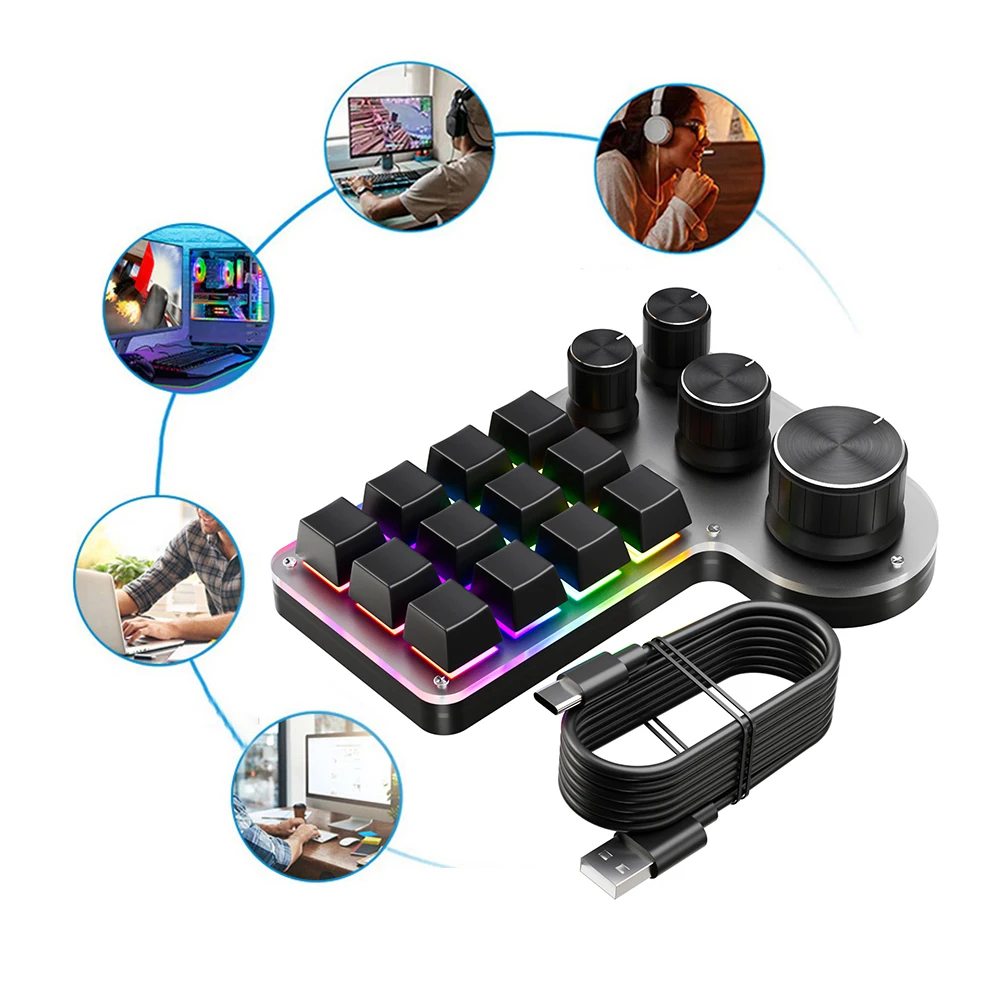 게이머 및 디자이너용 미니 기계식 키보드 핫스왑, 복사 붙여넣기, USB 유선, 블루투스 호환, RGB 단추, 12 키, 4 노브
