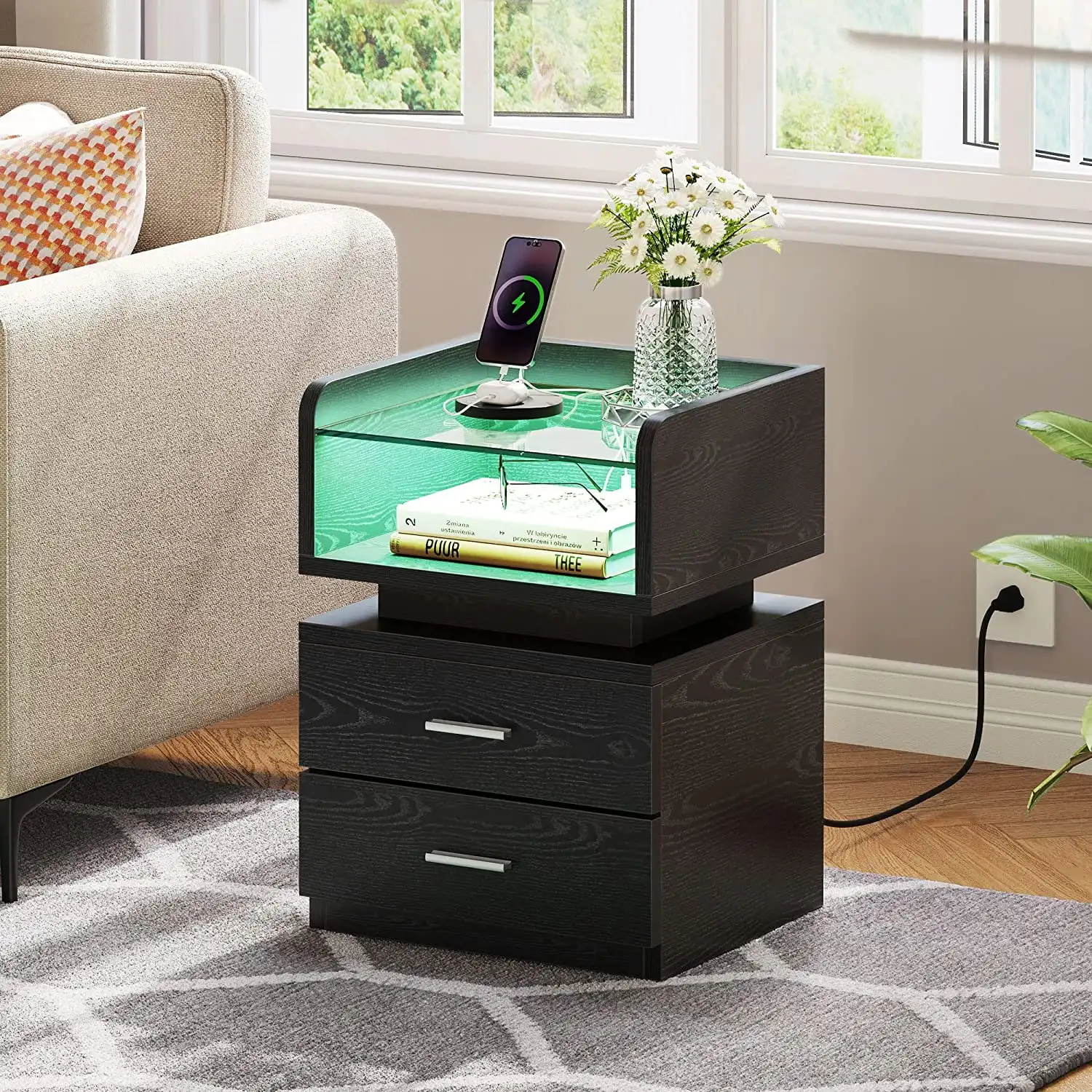 

Dextrus LED Nightstand W/ Charging Station and 2 Drawers Modern End Side Table W/ USB Ports and Outlets Tempered Storage Black