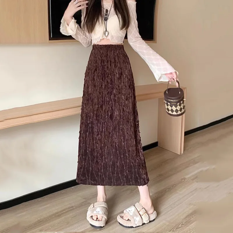 

OHRYIYIE Long Sequin Velvet A-lline Skirt Women 2023 Autumn Winter Thick High Waist Skirt Female Fashion Split All Match Skirt
