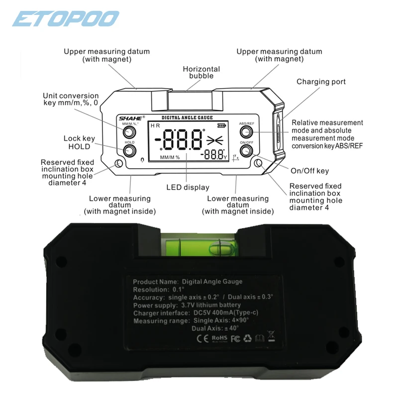 Digital Level Inclinometer Dual-axis Electronic Protractor Rechargable Bevel Box Electronic Level Angle Finder Gauge