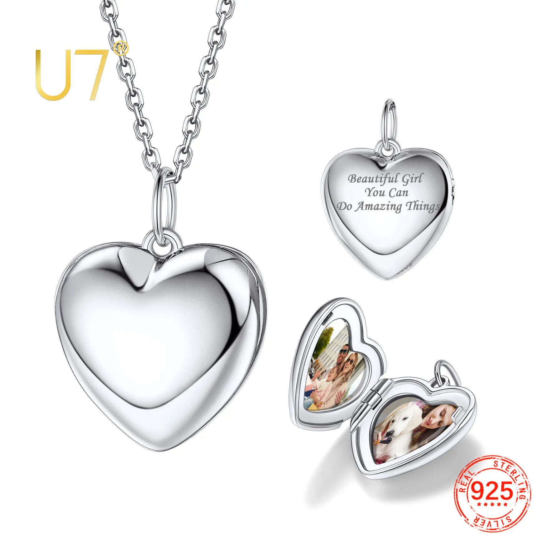 U7 Personalized 925 Sterling Silver Heart Locket Necklace for Woman Custom Couple Family Photo Pendant Memorial Jewelry