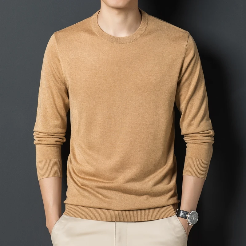 Top Grade Mens Silk Wool Clothing Autumn Solid Color Long Sleeve Knit Jumpers Male O-Neck Soft Silk Knitting Tee Shirts