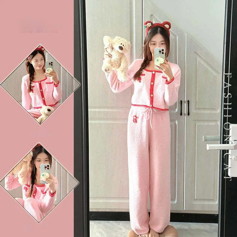 

Anime Cartoon Barbie Women's Plush Pajamas Y2K Autumn Winter New Plus Velvet Thickened Knitted Cardigan Trousers Home Set Gifts