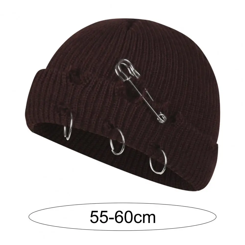 Knitted Hat Hip Hop Ripped Flanging Metal Ring Solid Color Warm Woolen Yarn Autumn Winter Women Beanie Cap Knitting Skull Cap