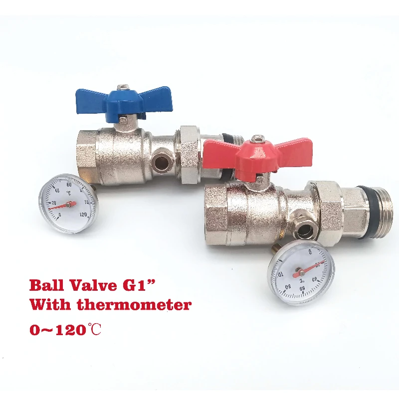 One Set / DN25 Brass Ball Valve with Thermometer 0~120℃ For Manifold Underfloor Heating System