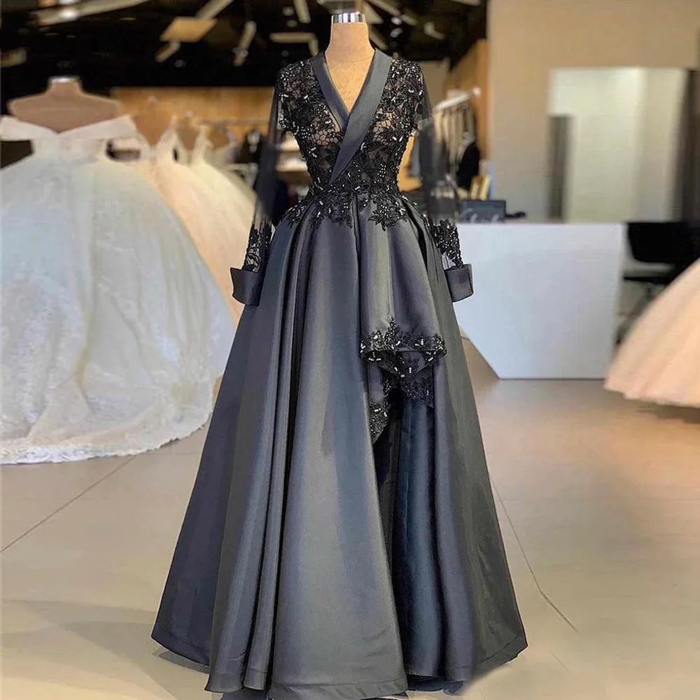 

Black Lace Long Sleeves Illusion Formal Evening Gowns A Line V Neck Satin Arabic Prom Gowns Robe De Soiree Festa
