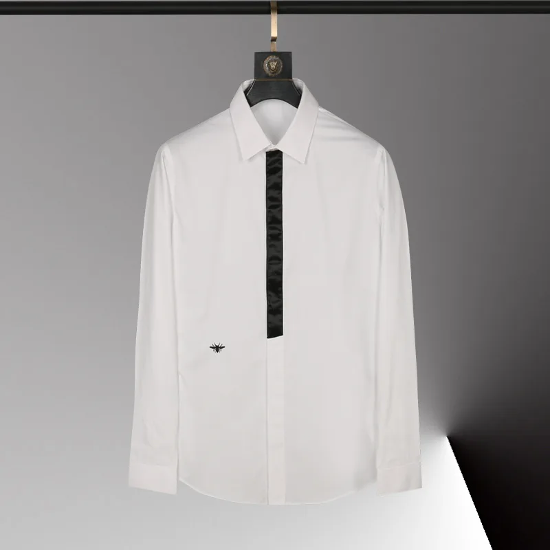 

Autumn and Winter New Men's Embroidery Fashion Slim Fit Door Barrel Contrast Colored Splicing Large White Shirt